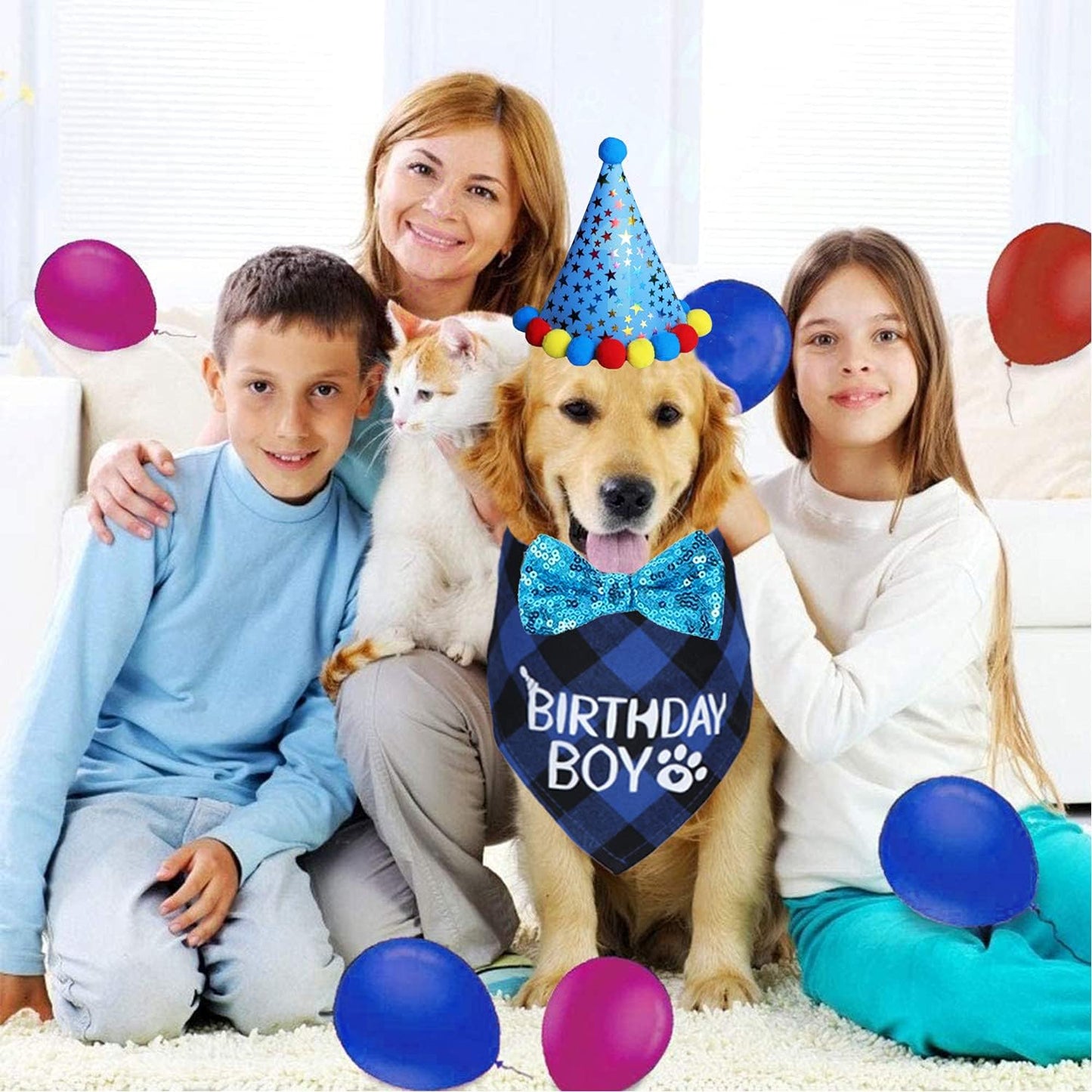 Dog Birthday Party Supplies, Dog Birthday Bandana Boy Girl and Dog Birthday Party Hat with Dog Bow Tie Collar for Medium Large Dogs (Blue, Large)