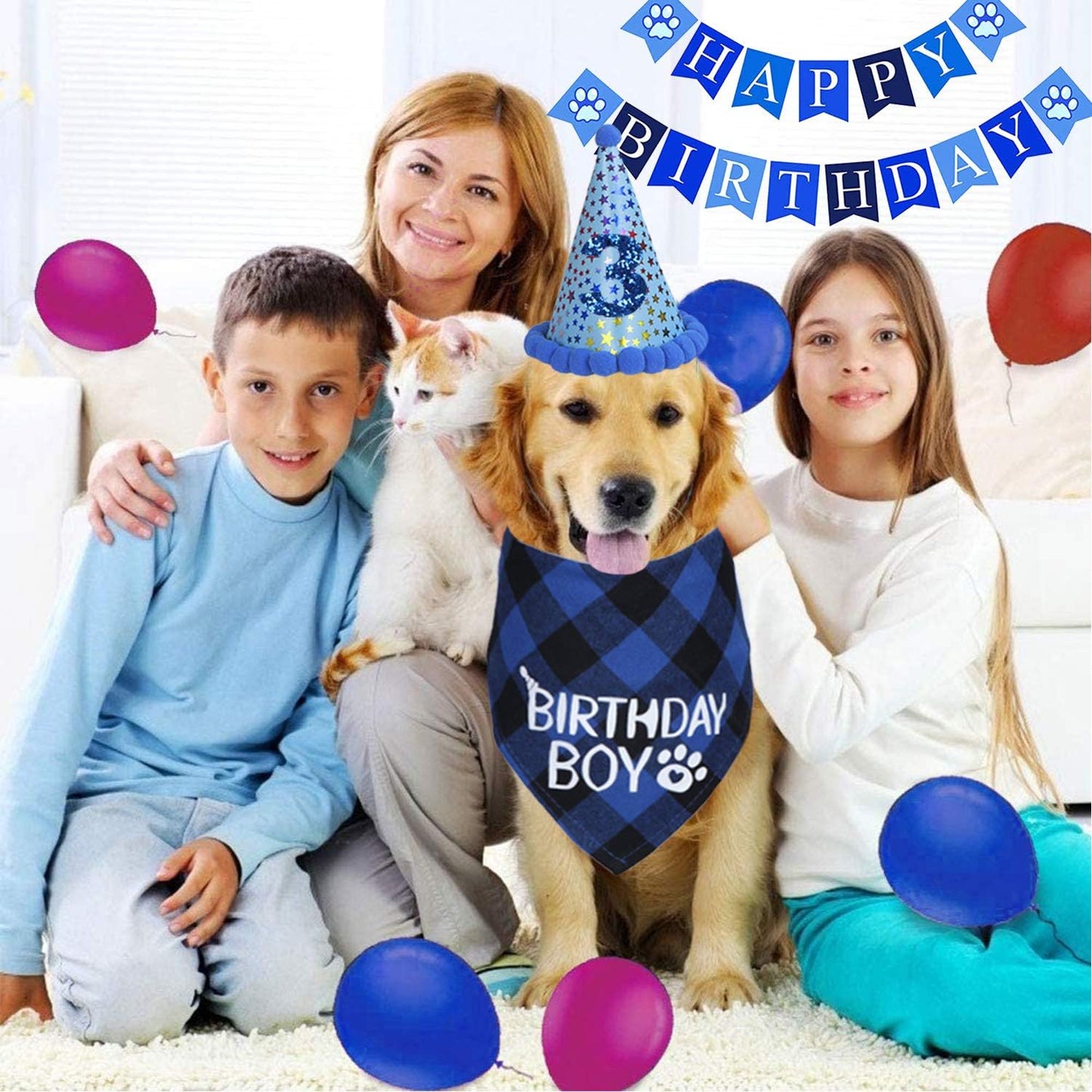 Dog Birthday Party Set, Dog Birthday Bandana Triangle Scarf with Cute Dog Birthday Number Hat Dog Birthday Banner for Dog Birthday Party Supplies