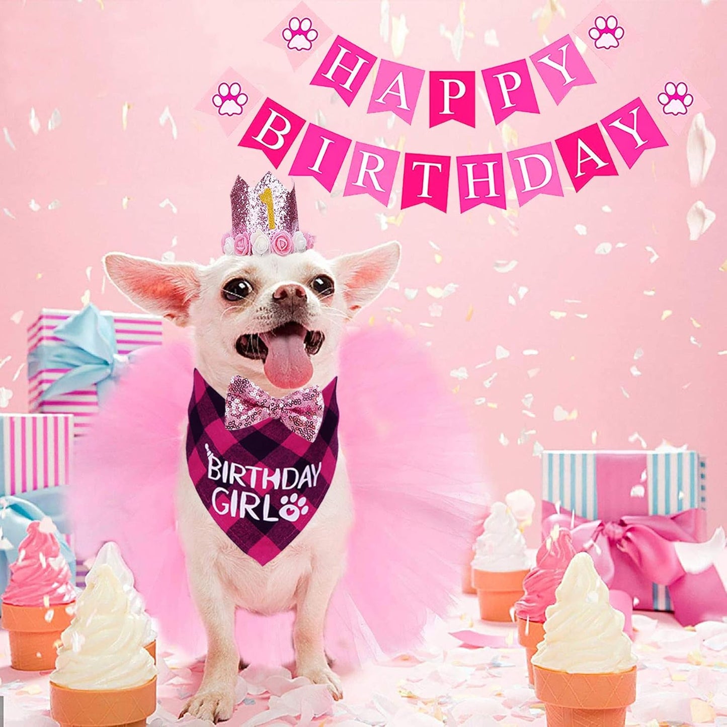 Dog Birthday Outfit Girl, Dog Birthday Bandana Girl Tutu Skirt Birthday Number Crown Hat Bowtie Happy Birthday Banner for Pet Puppy Dog Birthday Party Supplies (Pink)
