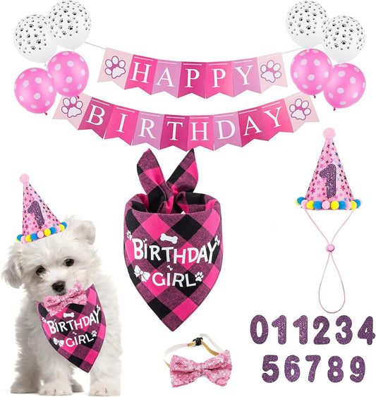 Dog Birthday Party Supplies, Dog Birthday Girl Bandana Triangle Hat Scarfs Flag Balloon Bow Tie Birthday Number with Cute Doggie Birthday Party Set Decorations