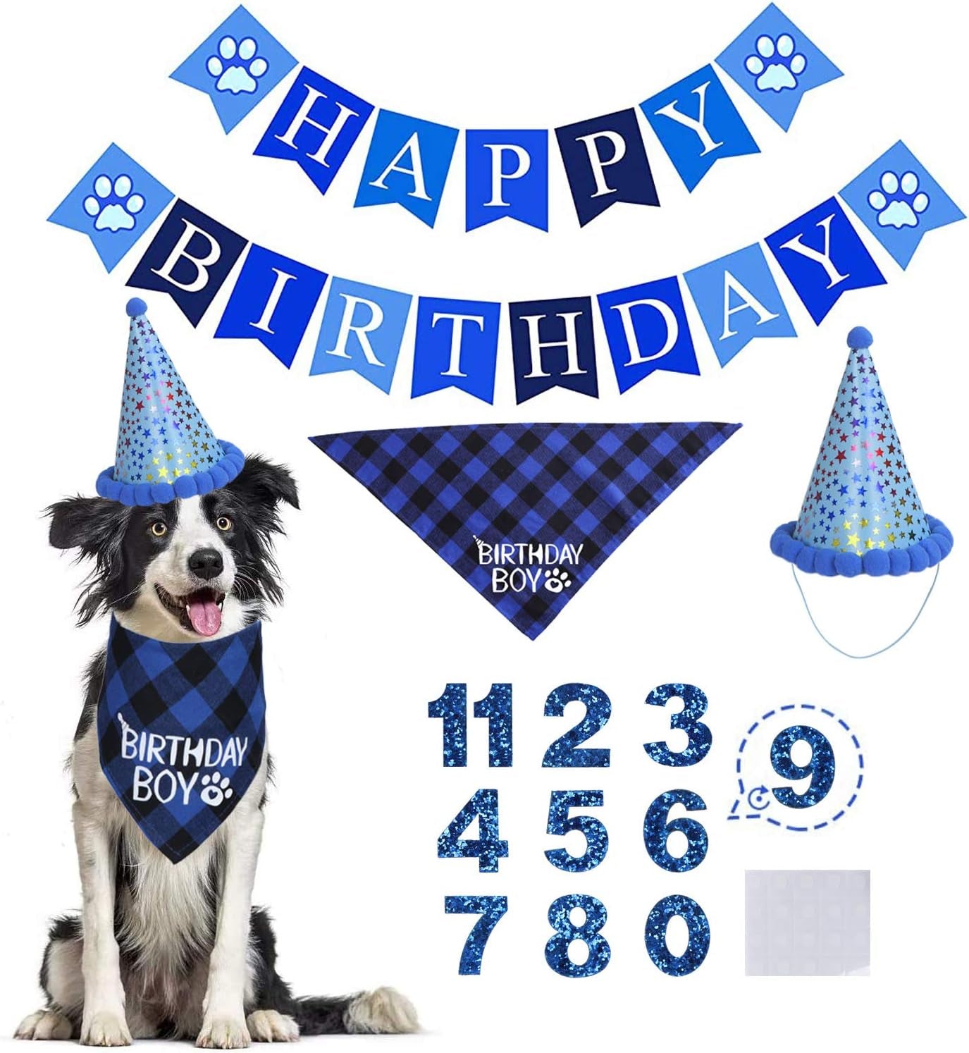 Dog Birthday Party Set, Dog Birthday Bandana Triangle Scarf with Cute Dog Birthday Number Hat Dog Birthday Banner for Dog Birthday Party Supplies
