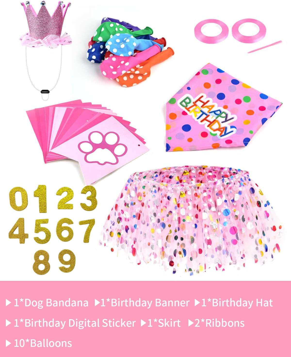 Dog Birthday Party Supplies, Including Dog Birthday Hat Tutu Skirt Birthday Banner Balloon Digital Sticker Dog Bandana, for Small Medium Breed (Dog Skirt)