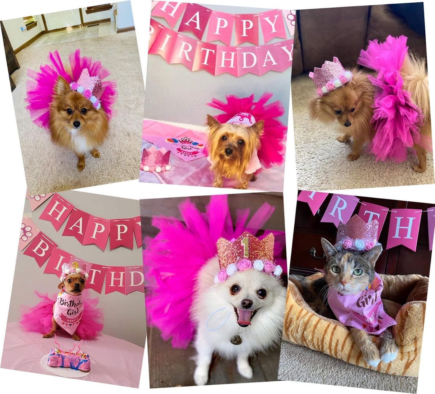 Dog Birthday Bandana Hat Skirt Banner Set for Pet Puppy Girl Dog Birthday Party Supplies Decorations (Pink)