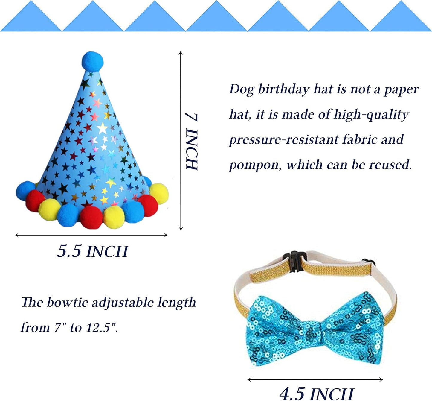 Dog Birthday Party Supplies, Dog Birthday Bandana Boy Girl and Dog Birthday Party Hat with Dog Bow Tie Collar for Medium Large Dogs (Blue, Large)