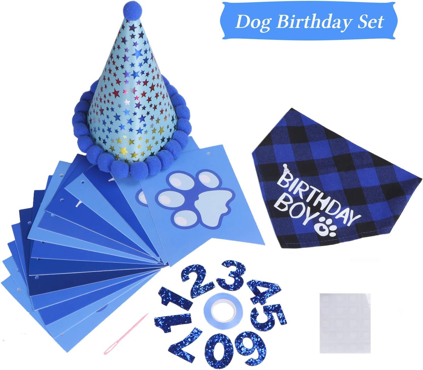 Dog Birthday Party Set, Dog Birthday Bandana Triangle Scarf with Cute Dog Birthday Number Hat Dog Birthday Banner for Dog Birthday Party Supplies