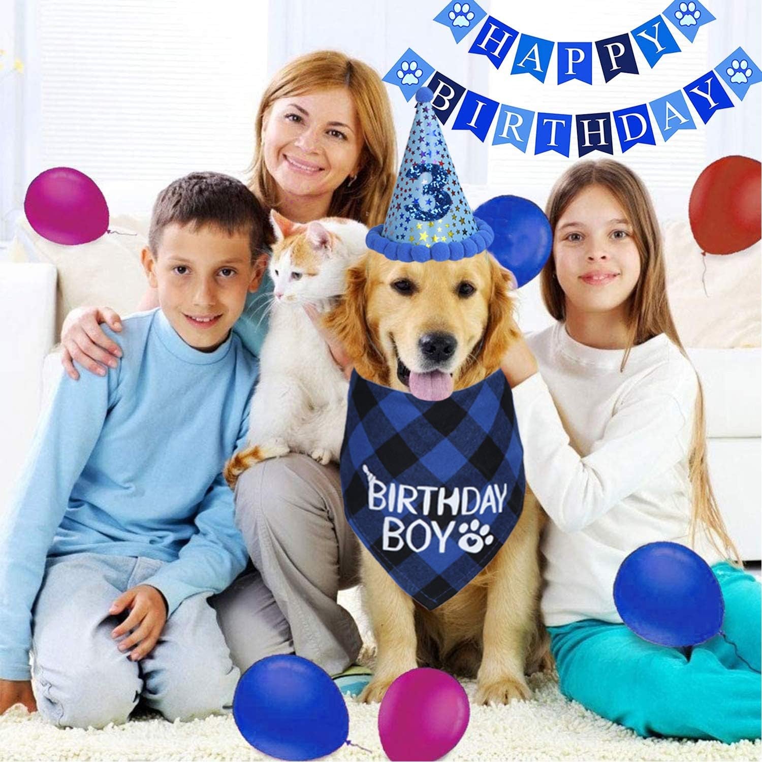 Dog Birthday Party Set, Dog Birthday Bandana Triangle Scarf with Cute Dog Birthday Number Hat Dog Birthday Banner for Dog Birthday Party Supplies