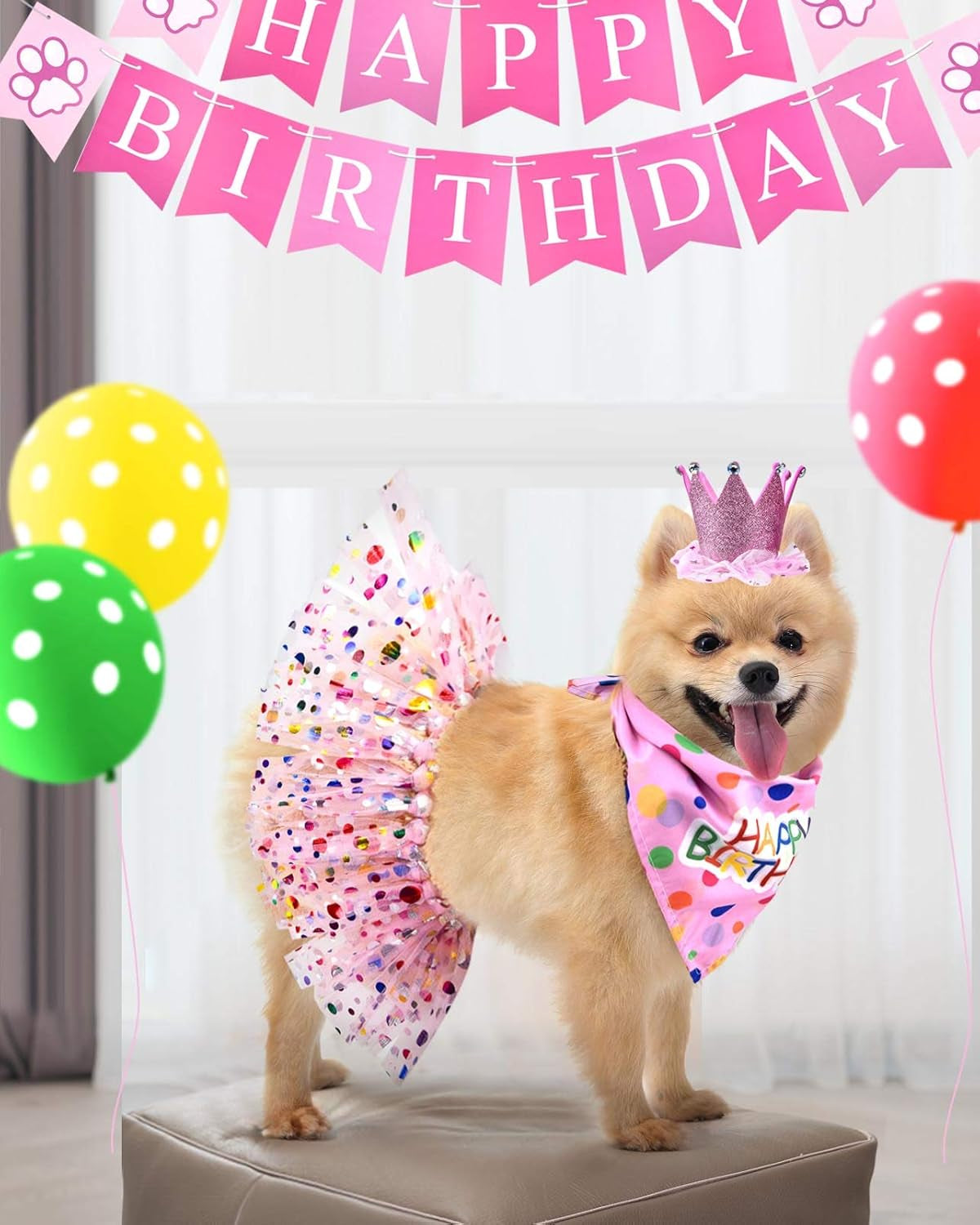 Dog Birthday Party Supplies, Including Dog Birthday Hat Tutu Skirt Birthday Banner Balloon Digital Sticker Dog Bandana, for Small Medium Breed (Dog Skirt)