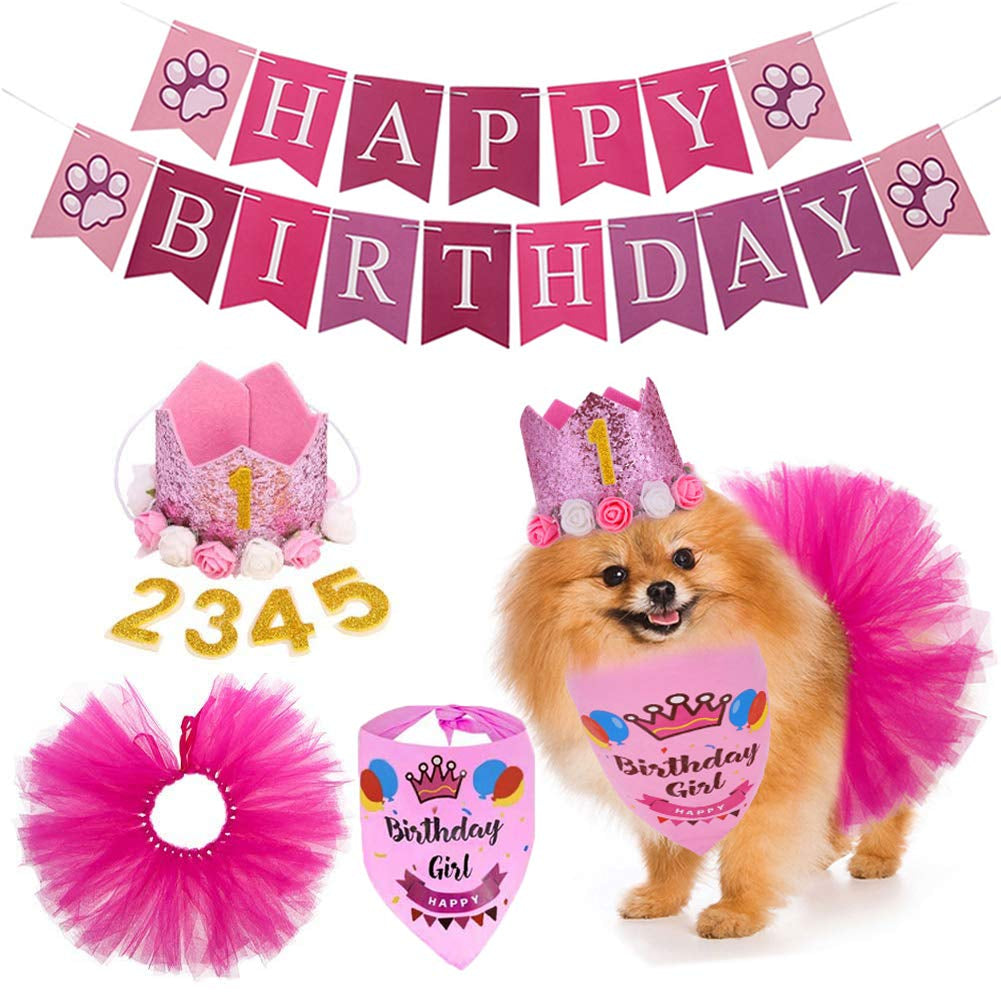 Dog Birthday Bandana Hat Skirt Banner Set for Pet Puppy Girl Dog Birthday Party Supplies Decorations (Pink)