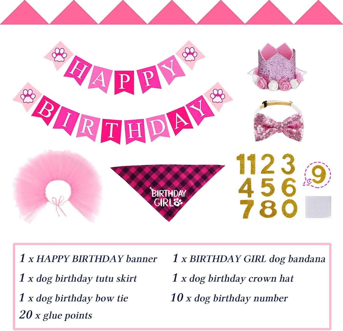 Dog Birthday Outfit Girl, Dog Birthday Bandana Girl Tutu Skirt Birthday Number Crown Hat Bowtie Happy Birthday Banner for Pet Puppy Dog Birthday Party Supplies (Pink)