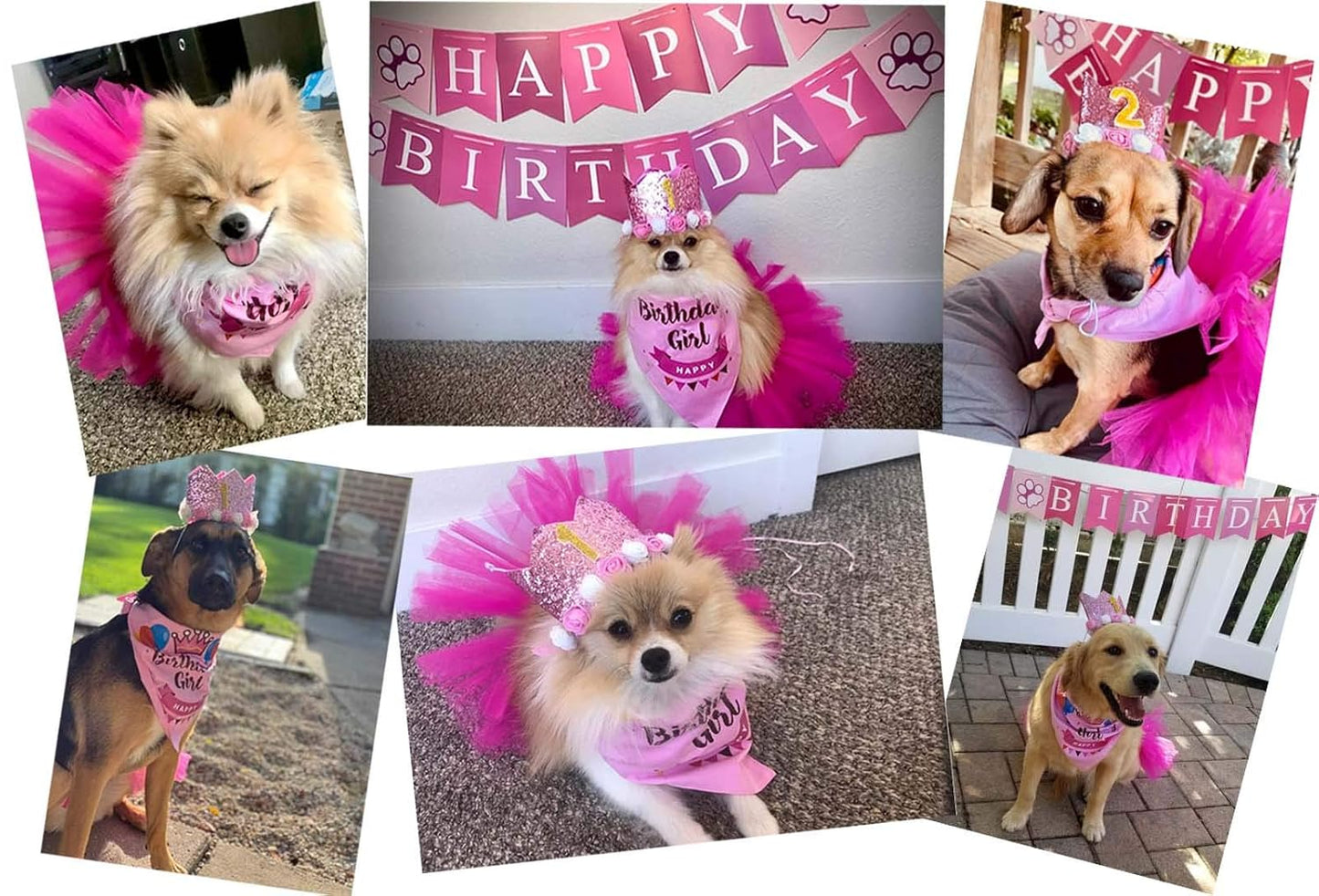Dog Birthday Bandana Hat Skirt Banner Set for Pet Puppy Girl Dog Birthday Party Supplies Decorations (Pink)