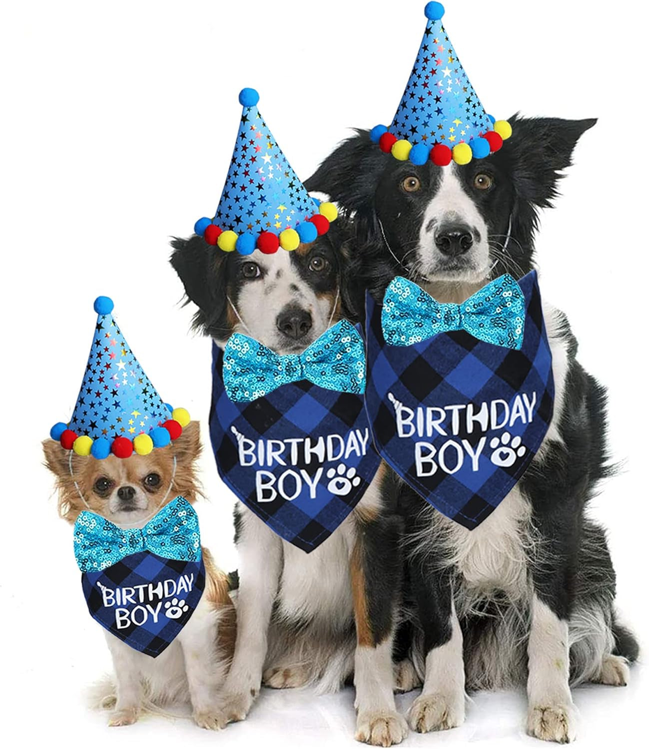 Dog Birthday Party Supplies, Dog Birthday Bandana Boy Girl and Dog Birthday Party Hat with Dog Bow Tie Collar for Medium Large Dogs (Blue, Large)
