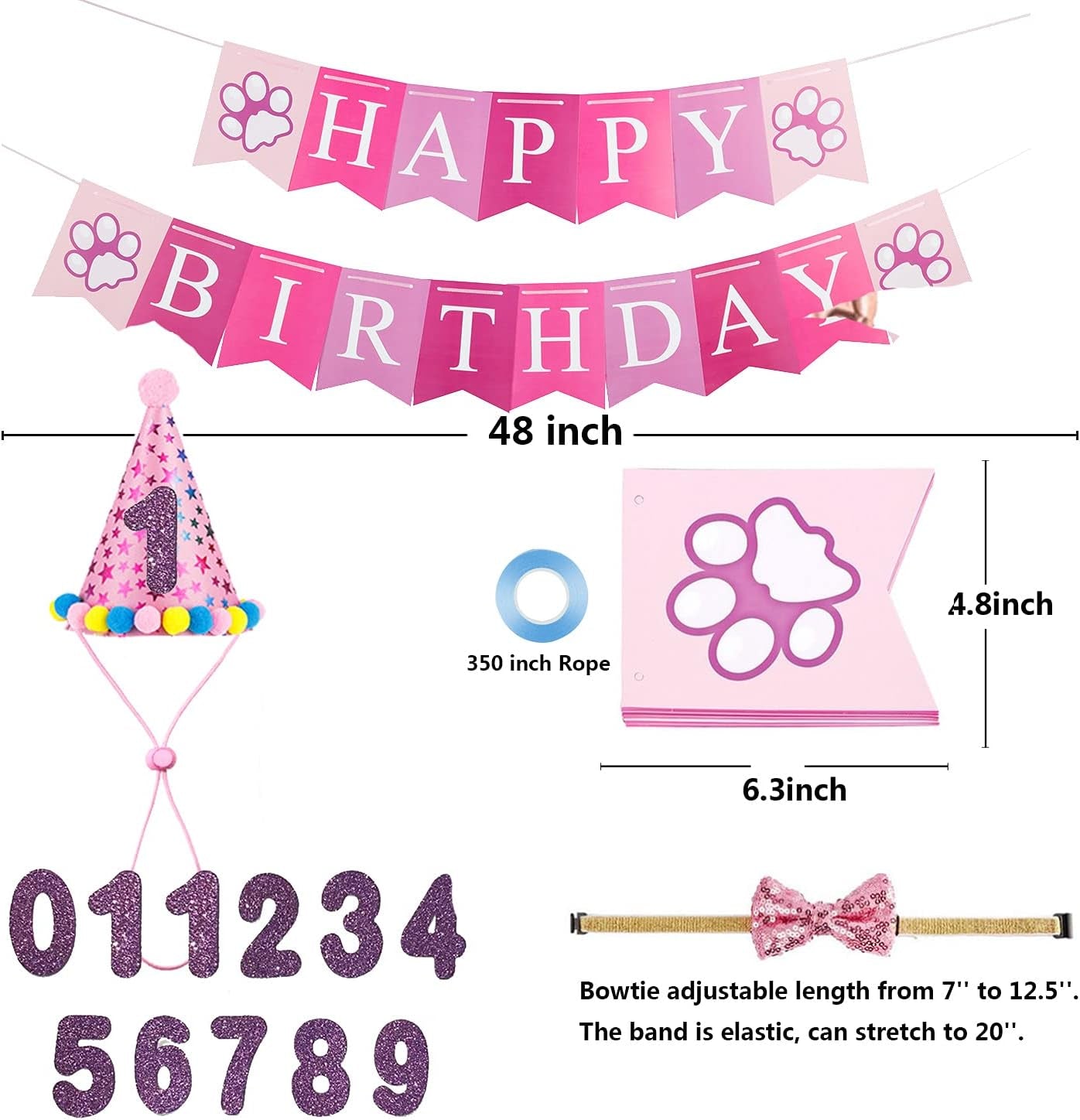 Dog Birthday Party Supplies, Dog Birthday Girl Bandana Triangle Hat Scarfs Flag Balloon Bow Tie Birthday Number with Cute Doggie Birthday Party Set Decorations