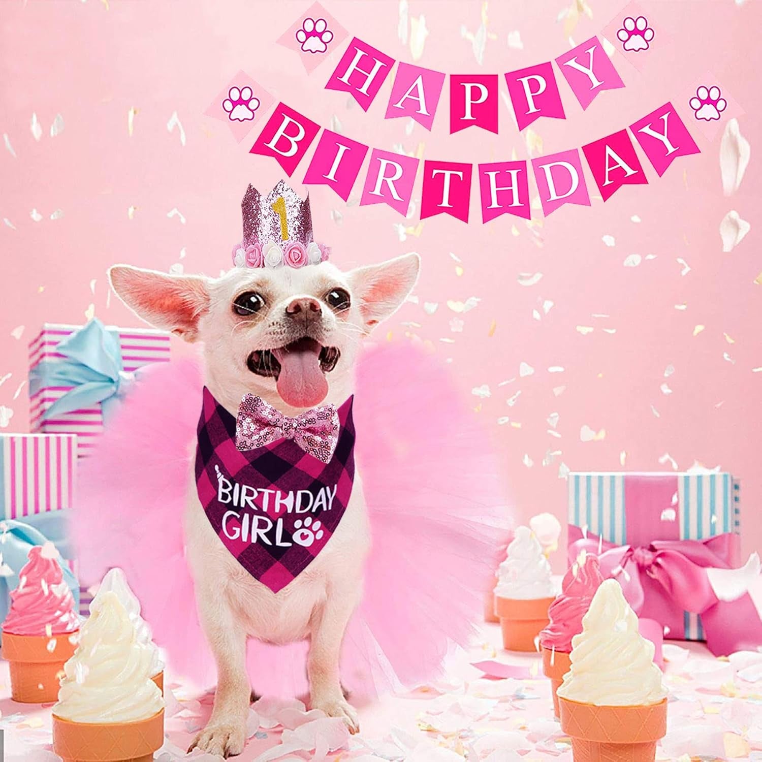 Dog Birthday Outfit Girl, Dog Birthday Bandana Girl Tutu Skirt Birthday Number Crown Hat Bowtie Happy Birthday Banner for Pet Puppy Dog Birthday Party Supplies (Pink)