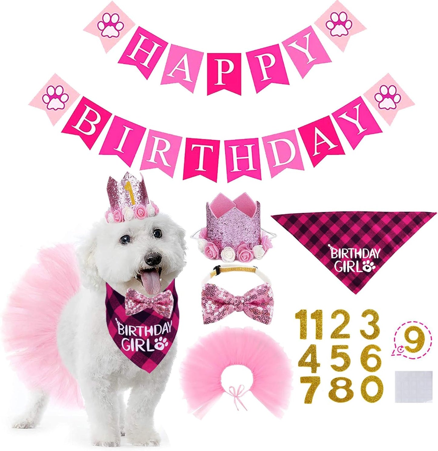 Dog Birthday Outfit Girl, Dog Birthday Bandana Girl Tutu Skirt Birthday Number Crown Hat Bowtie Happy Birthday Banner for Pet Puppy Dog Birthday Party Supplies (Pink)