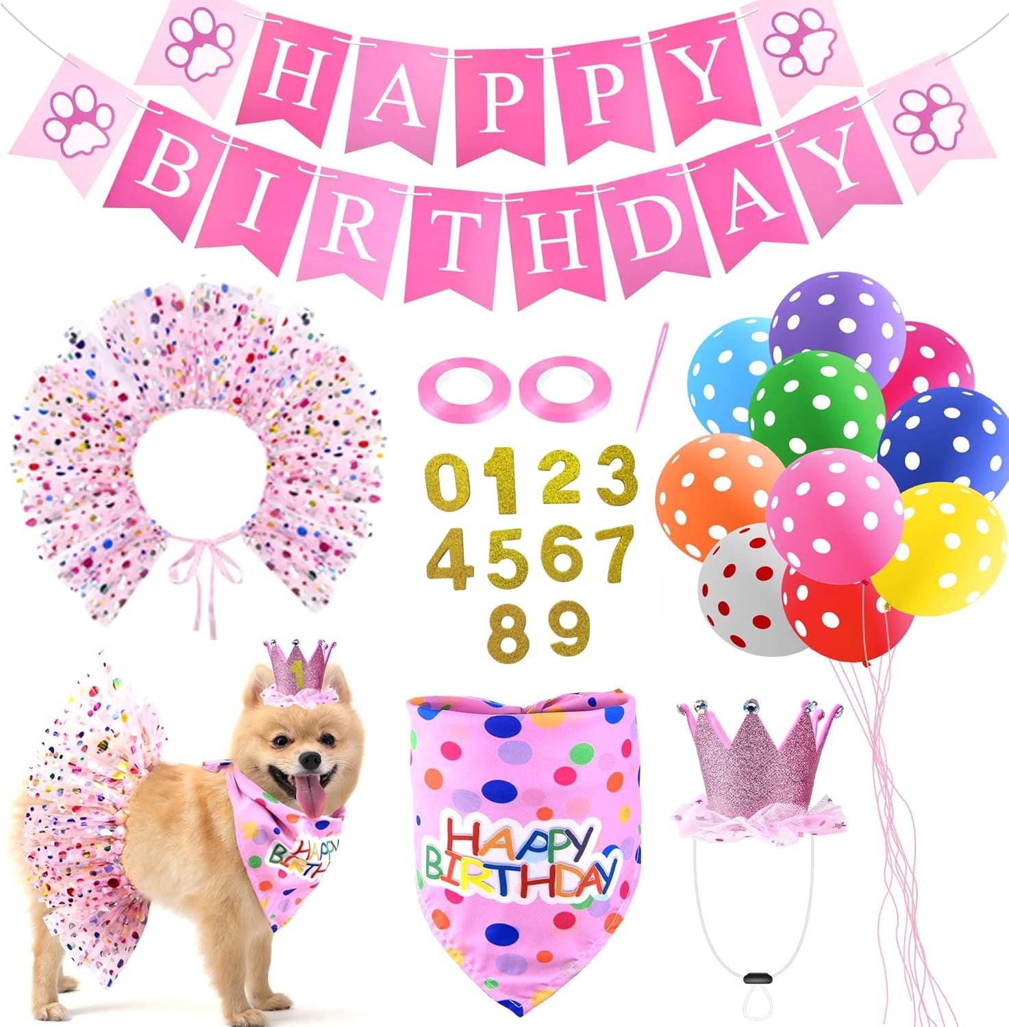 Dog Birthday Party Supplies, Including Dog Birthday Hat Tutu Skirt Birthday Banner Balloon Digital Sticker Dog Bandana, for Small Medium Breed (Dog Skirt)