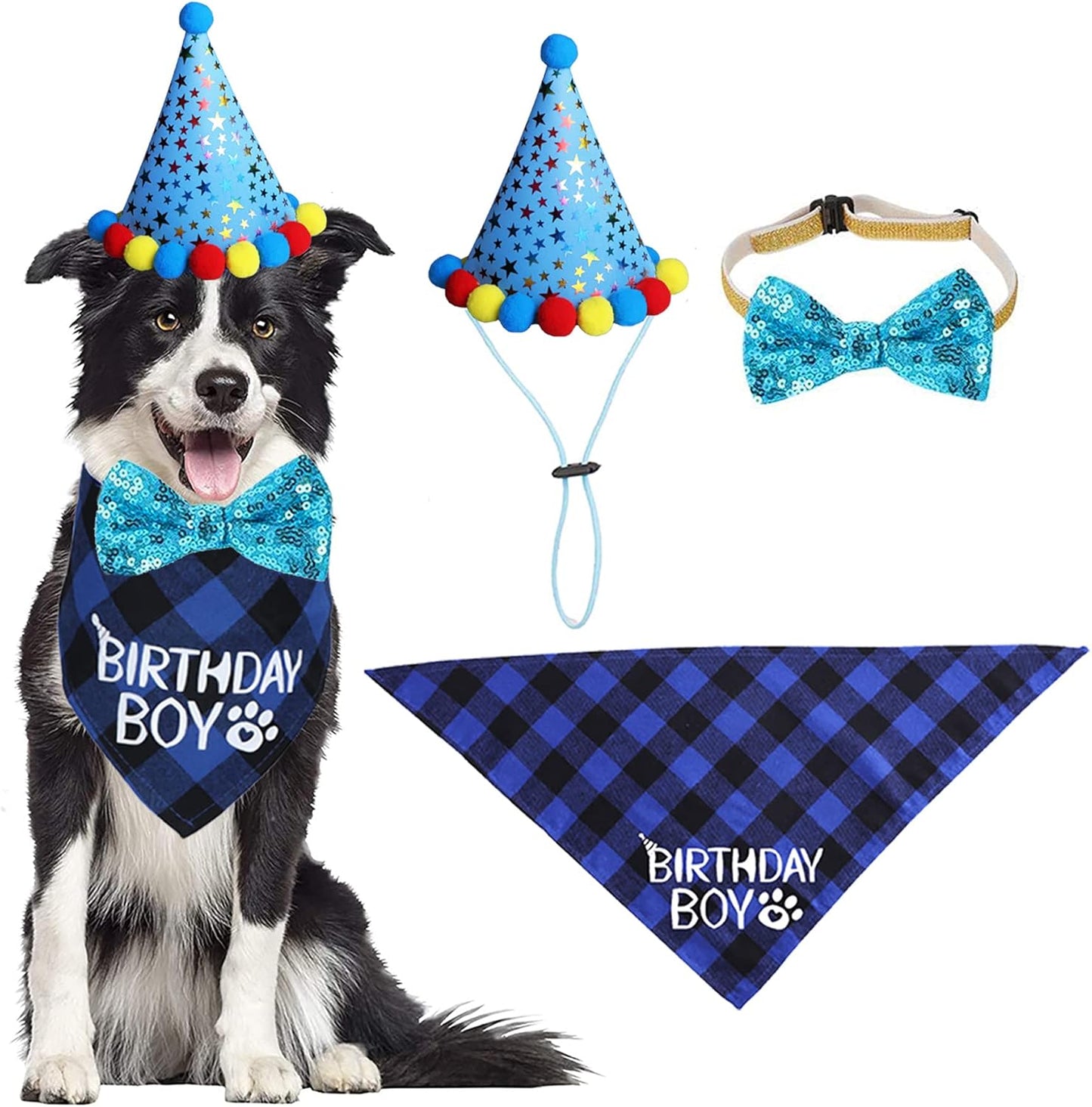 Dog Birthday Party Supplies, Dog Birthday Bandana Boy Girl and Dog Birthday Party Hat with Dog Bow Tie Collar for Medium Large Dogs (Blue, Large)