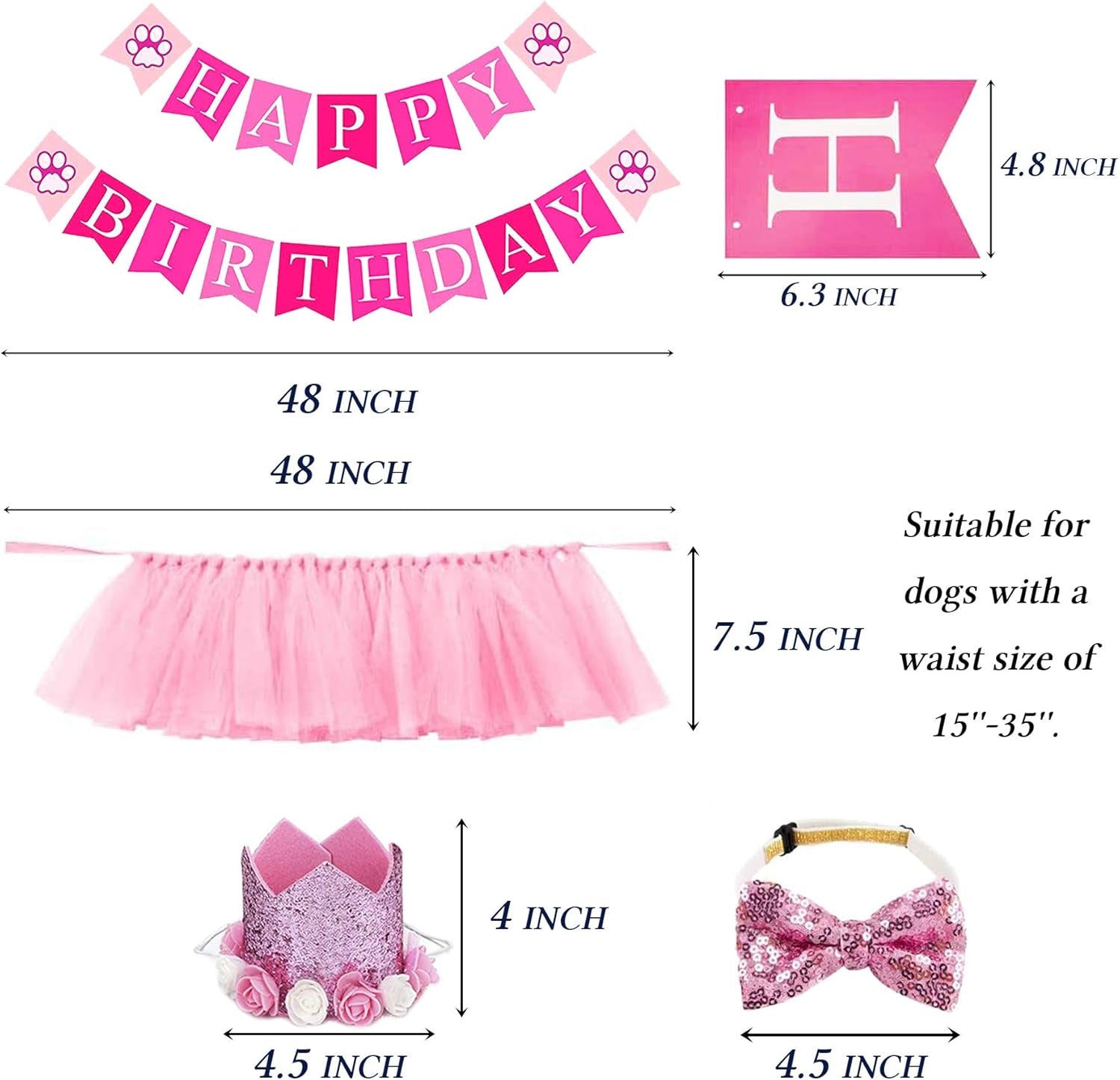 Dog Birthday Outfit Girl, Dog Birthday Bandana Girl Tutu Skirt Birthday Number Crown Hat Bowtie Happy Birthday Banner for Pet Puppy Dog Birthday Party Supplies (Pink)