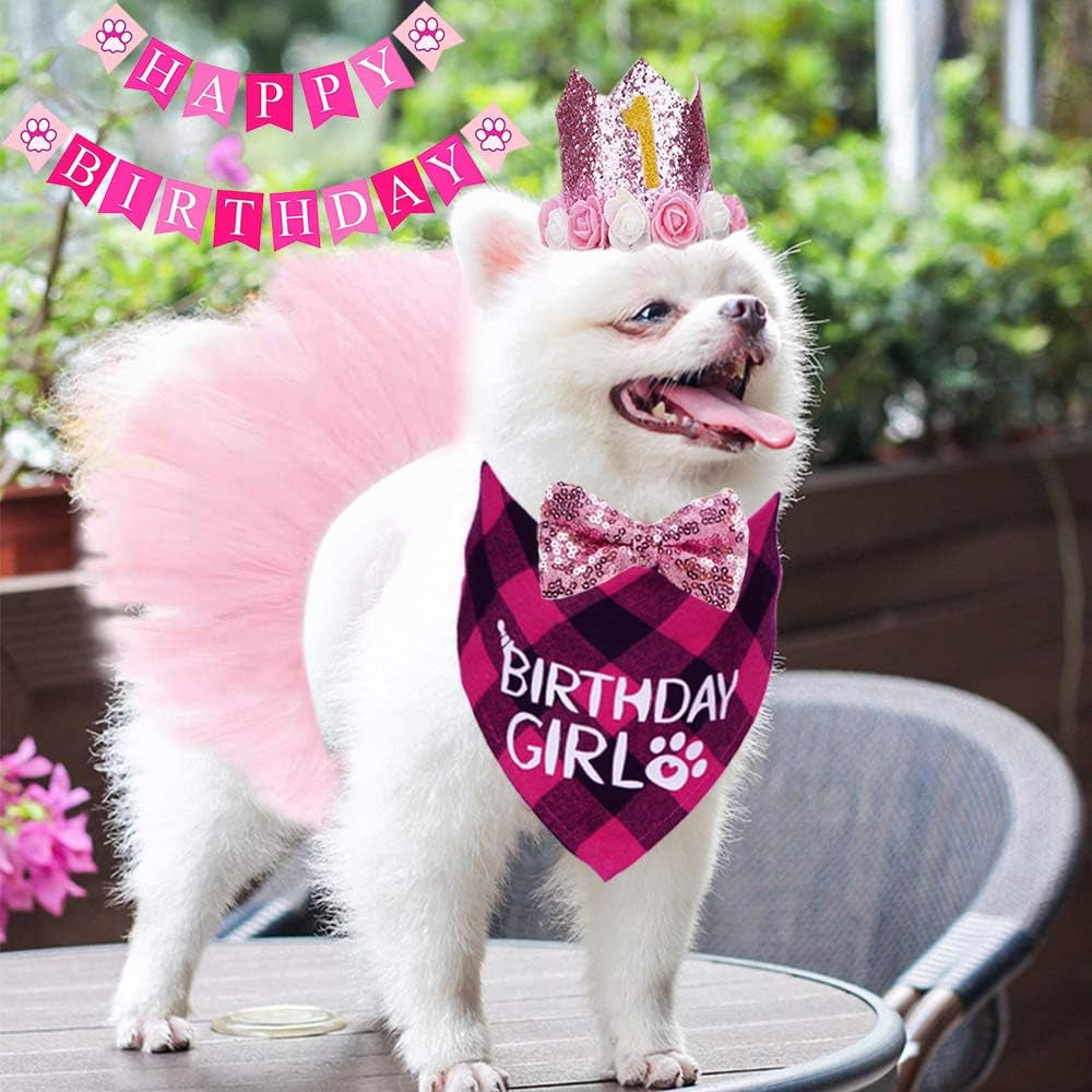 Dog Birthday Outfit Girl, Dog Birthday Bandana Girl Tutu Skirt Birthday Number Crown Hat Bowtie Happy Birthday Banner for Pet Puppy Dog Birthday Party Supplies (Pink)